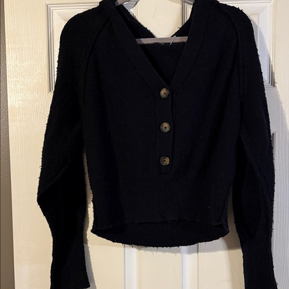Free People Black V-Neck Hooded Sweater with Buttons